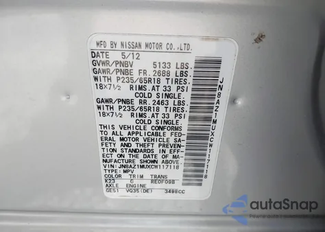 2012 Nissan Murano Sv from USA, damaged, VIN JN8AZ1MUXCW117118